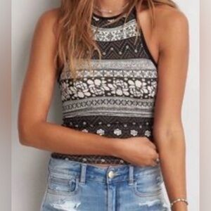 AE American Eagle Halter Tie Top Boho Pattern Black Gray Pink Women Sz S